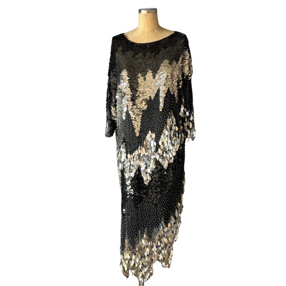 Oleg Cassini Dresses & Skirts - 1980 Oleg Cassini Asymmetrical Cocktail Dress Black and Silver Sequins Size 10